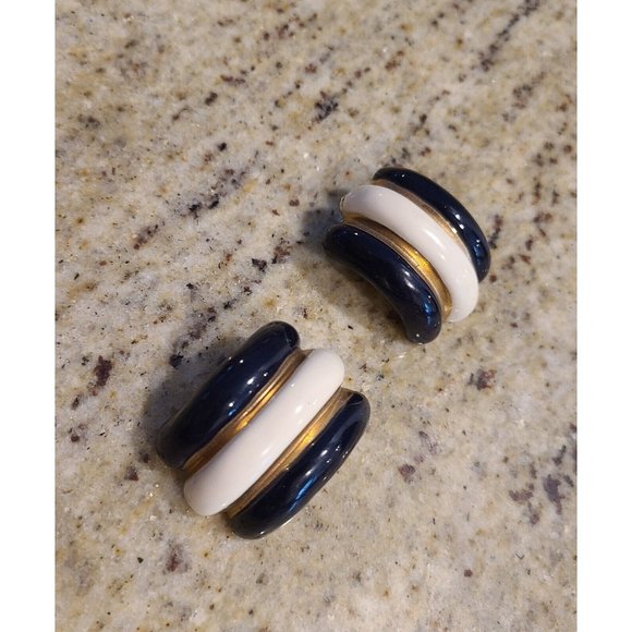 Donald Stannard Black White Gold Large Chunky Enamel Clip Earrings Half Hoop - Picture 2 of 14